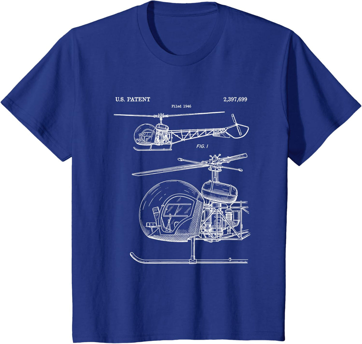 Vintage Helicopter Patent 1946 Bell 47 Pilot Blueprint T-Shirt - Royal Blue