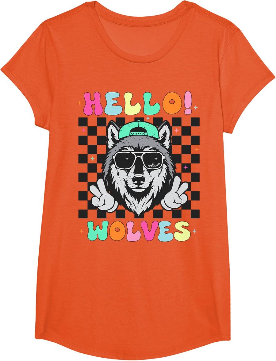 Hello First Second Third Grade Wolves School Teachers Kids T-Shirt - Girls Orange