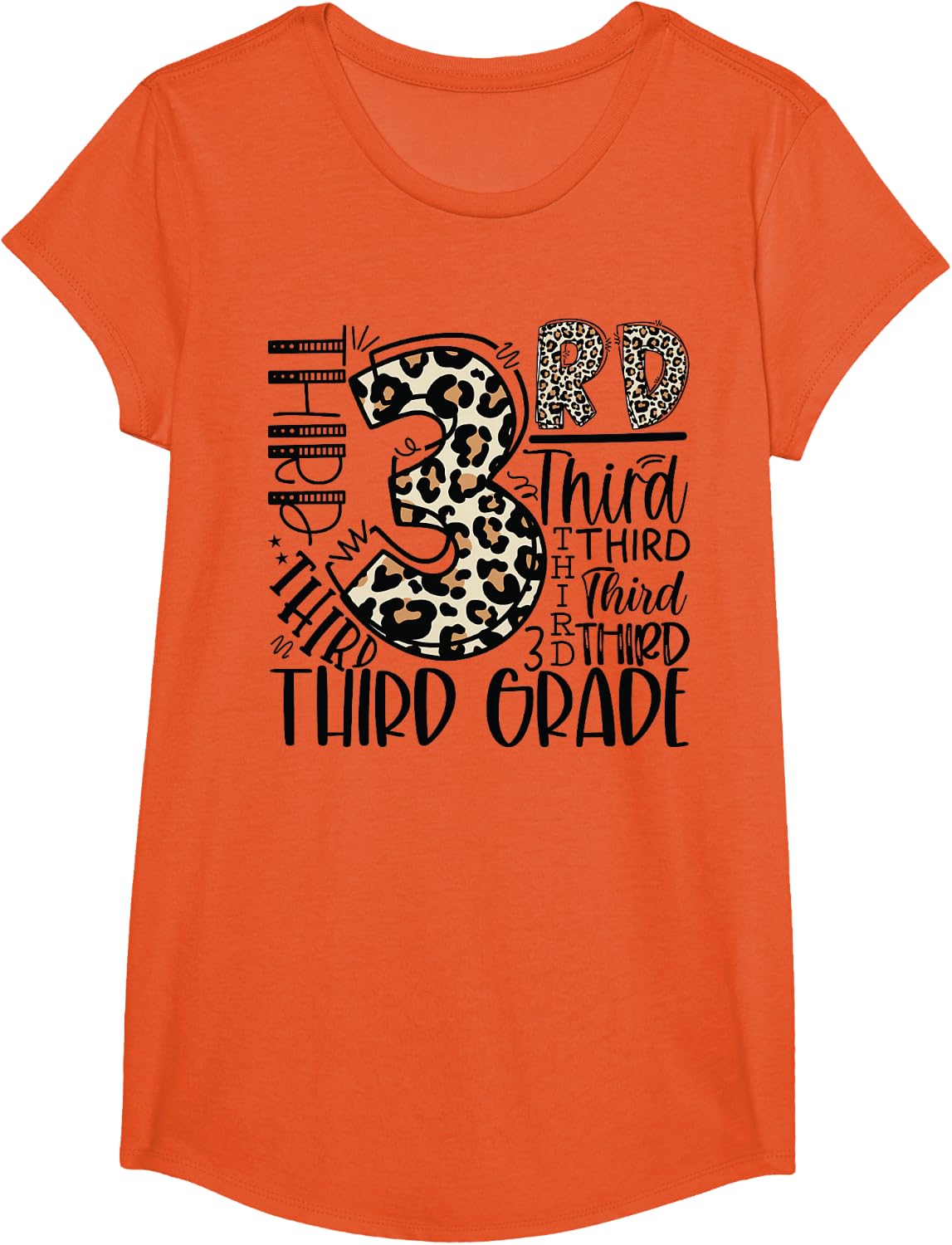 Third 3rd Grade Leopard Typography Back to School Teacher T-Shirt - Girls Orange