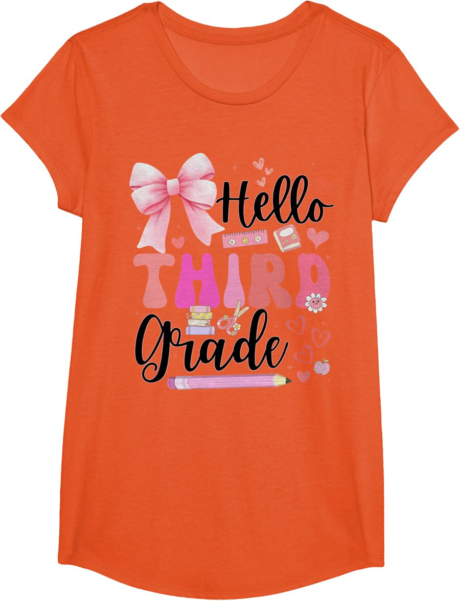 Hello Third Grade First Day Of School Coquette Teacher Girl T-Shirt - Girls Orange