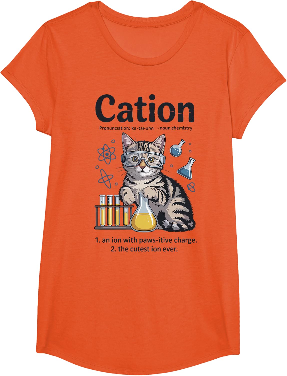 Cation Shirt Cat Science Chemistry Teacher Funny Chemist Pun T-Shirt - Girls Orange