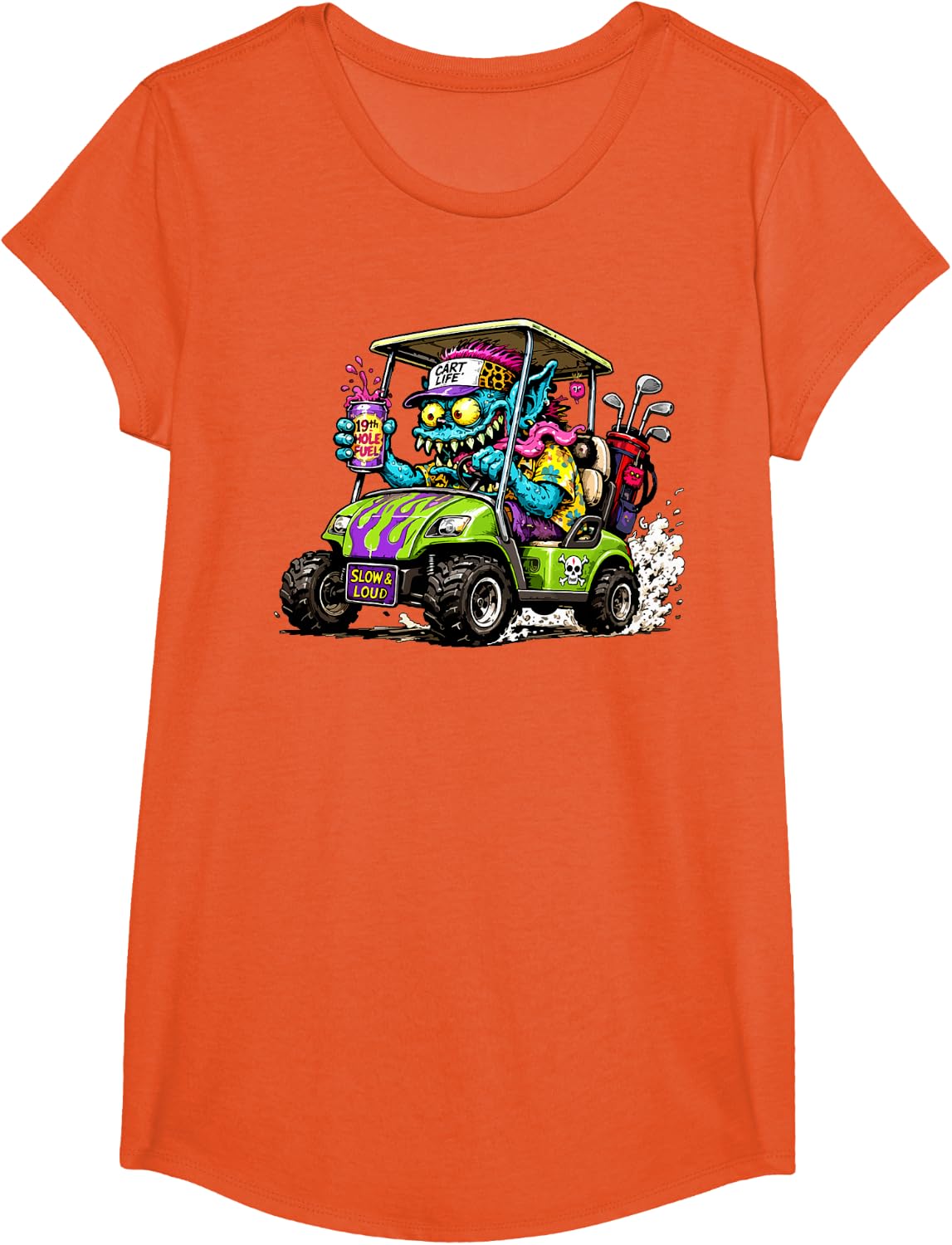Funny and Wild Golf Cart Hotrod Golf Car Cartoon T-Shirt - Girls Orange