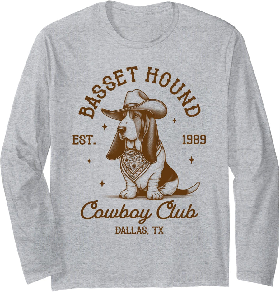 Basset Mom Basset Hound Lover Basset Hound Cowboys Club Long Sleeve T-Shirt - Adult Unisex Heather Grey