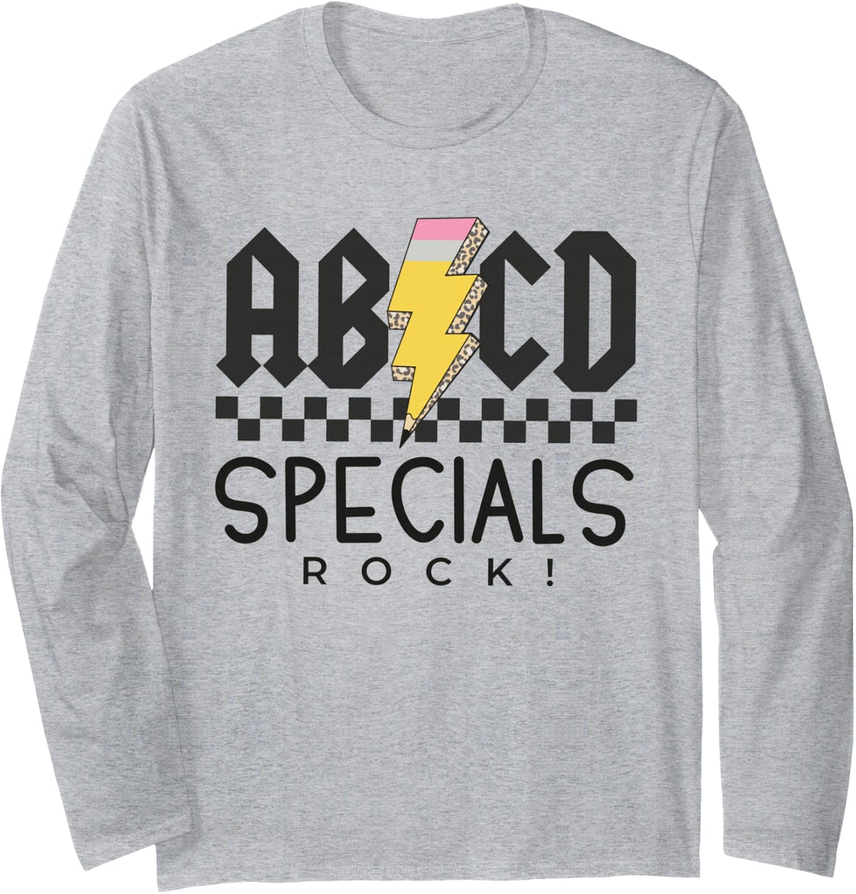 Retro ABCD Specials Rock Teacher Pencil Lightning Bolt Long Sleeve T-Shirt - Adult Unisex Heather Grey