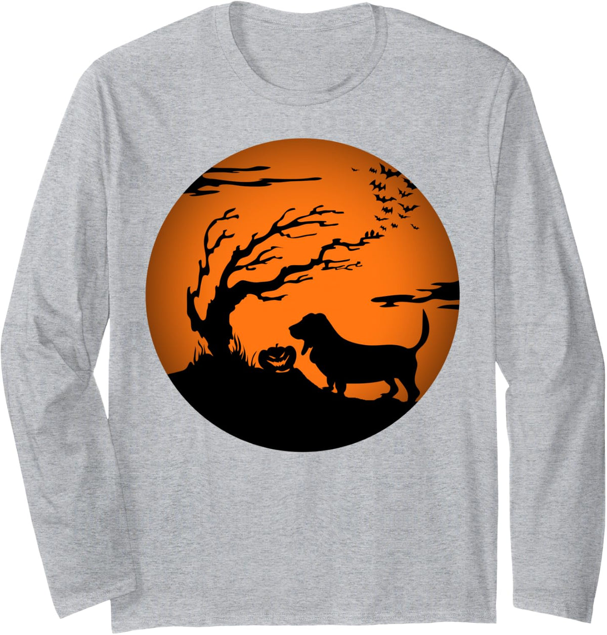 Basset Hound Halloween Long Sleeve T-Shirt - Adult Unisex Heather Grey