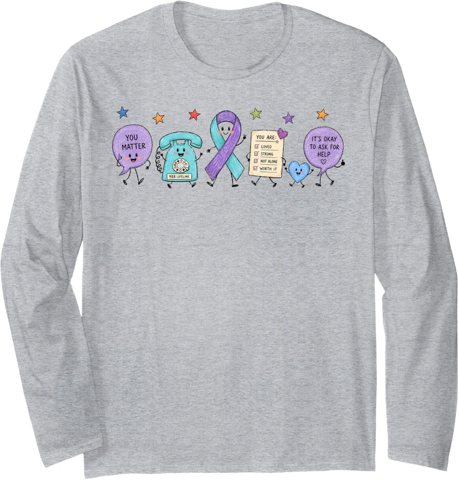 Mental Health Doodle You Matter Support Squad Teal & Purple Long Sleeve T-Shirt - Adult Unisex Heather Grey