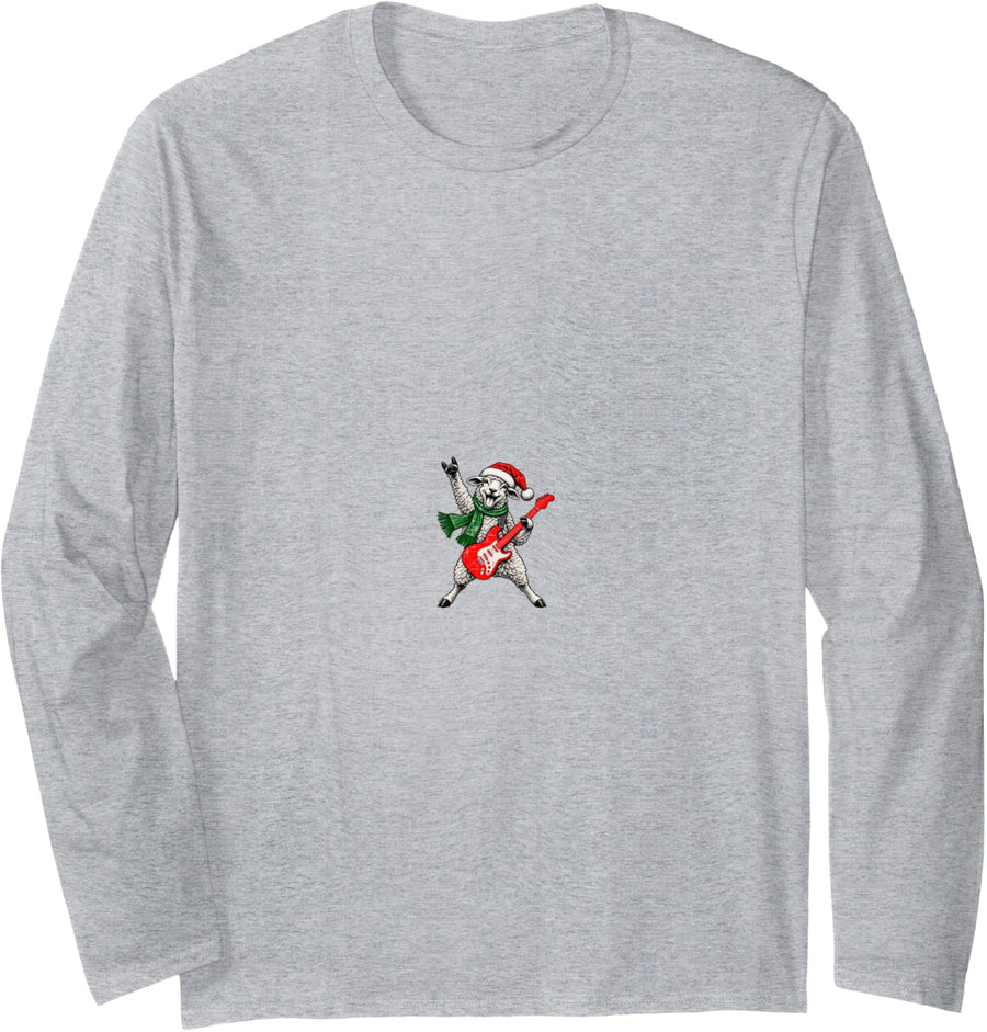 Vintage Sheep Rock Playing Guitar Funny Christmas Long Sleeve T-Shirt - Adult Unisex Heather Grey