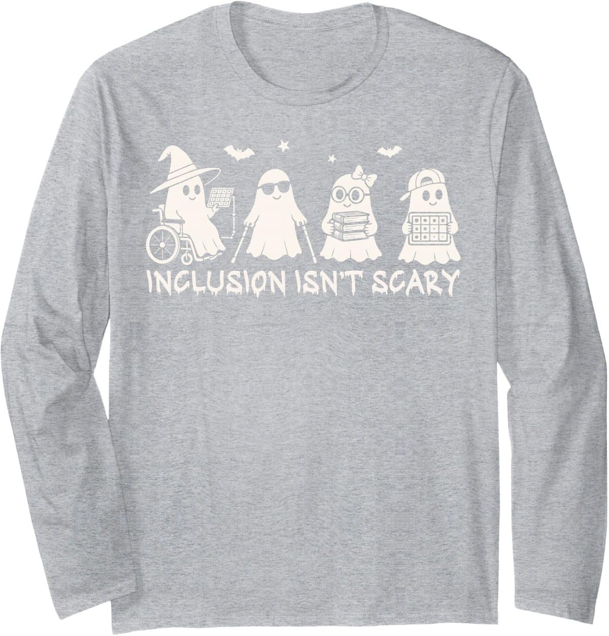Inclusion Isn't Scary Funny Ghost Halloween SLP SPED Teacher Long Sleeve T-Shirt - Adult Unisex Heather Grey