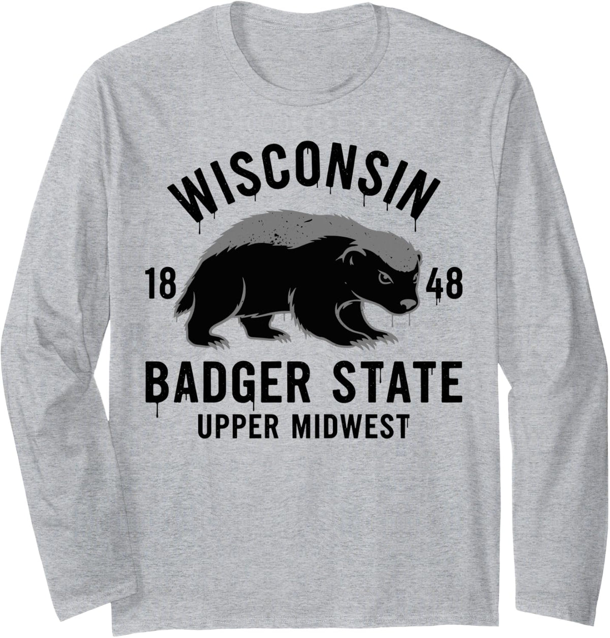Wisconsin Est. 1848 Vintage Honey Badger State Pride Long Sleeve T-Shirt - Adult Unisex Heather Grey
