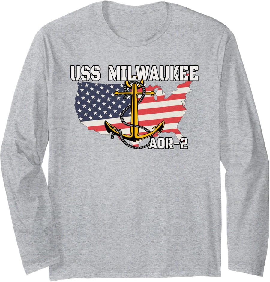 USS Milwaukee AOR-2 Replenishment Oiler Ship Veterans Day Long Sleeve T-Shirt - Adult Unisex Heather Grey