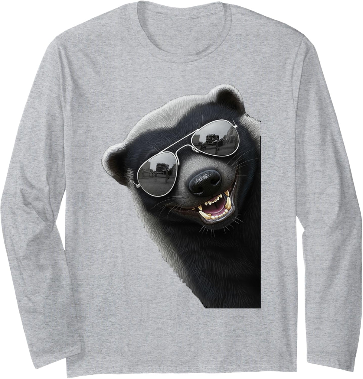 Funny Honey Badger Art Wearing Sunglasses Long Sleeve T-Shirt - Adult Unisex Heather Grey