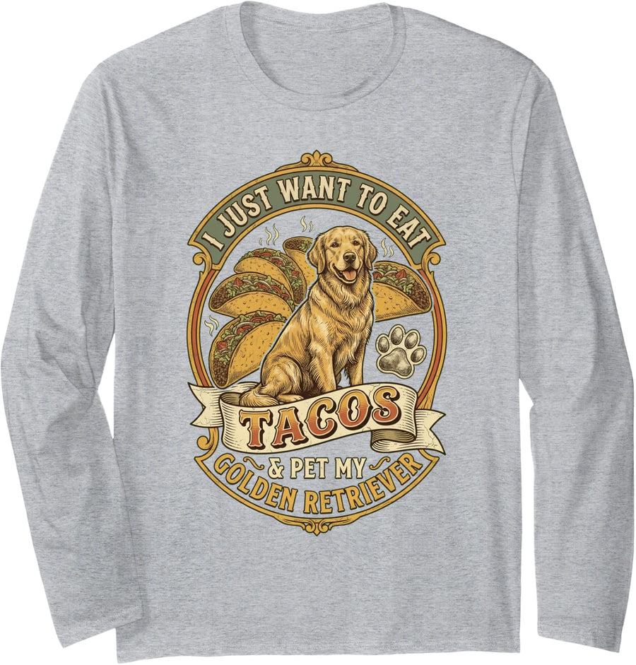 Taco Lover Golden Retriever for Cinco de Mayo Long Sleeve T-Shirt - Adult Unisex Heather Grey