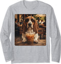 Basset Hound Drinking Iced Coffee Funny Dog Meme Long Sleeve T-Shirt - Adult Unisex Heather Grey