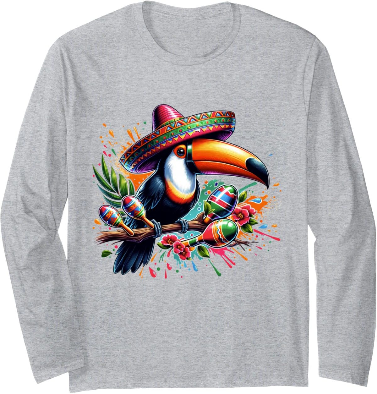 Mexican Sombrero Toucan Funny Tucan Maracas Cinco de Mayo Long Sleeve T-Shirt - Adult Unisex Heather Grey