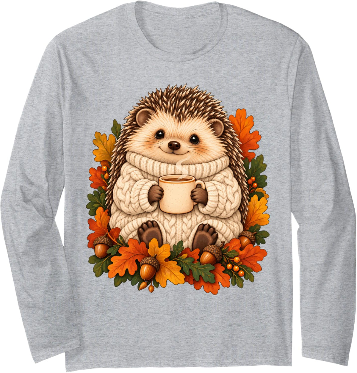 Cute Hedgehog Sweater Hot Mug Fall Autumn Long Sleeve T-Shirt - Adult Unisex Heather Grey
