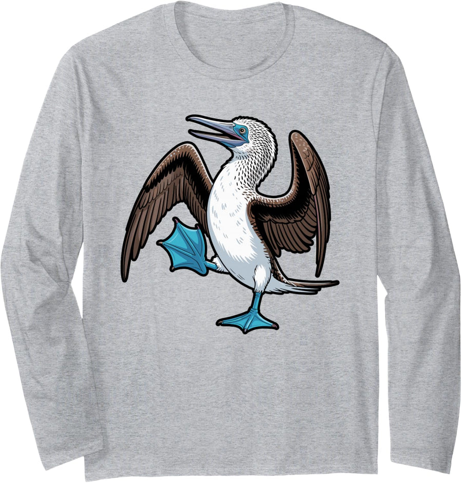 Blue-Footed Booby Cute Cartoon Long Sleeve T-Shirt - Adult Unisex Heather Grey