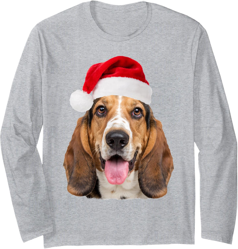 Basset Hound Santa Hat Christmas Portrait Fur Mom and Dad Long Sleeve T-Shirt - Adult Unisex Heather Grey
