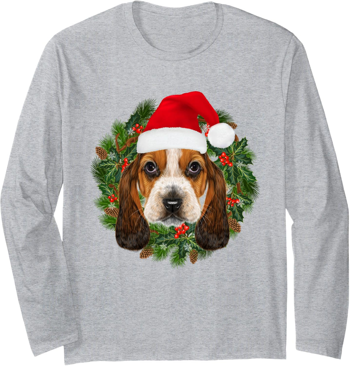 Basset Hound Dog Santa Hat Merry Christmas Funny Dogs Xmas Long Sleeve T-Shirt - Adult Unisex Heather Grey