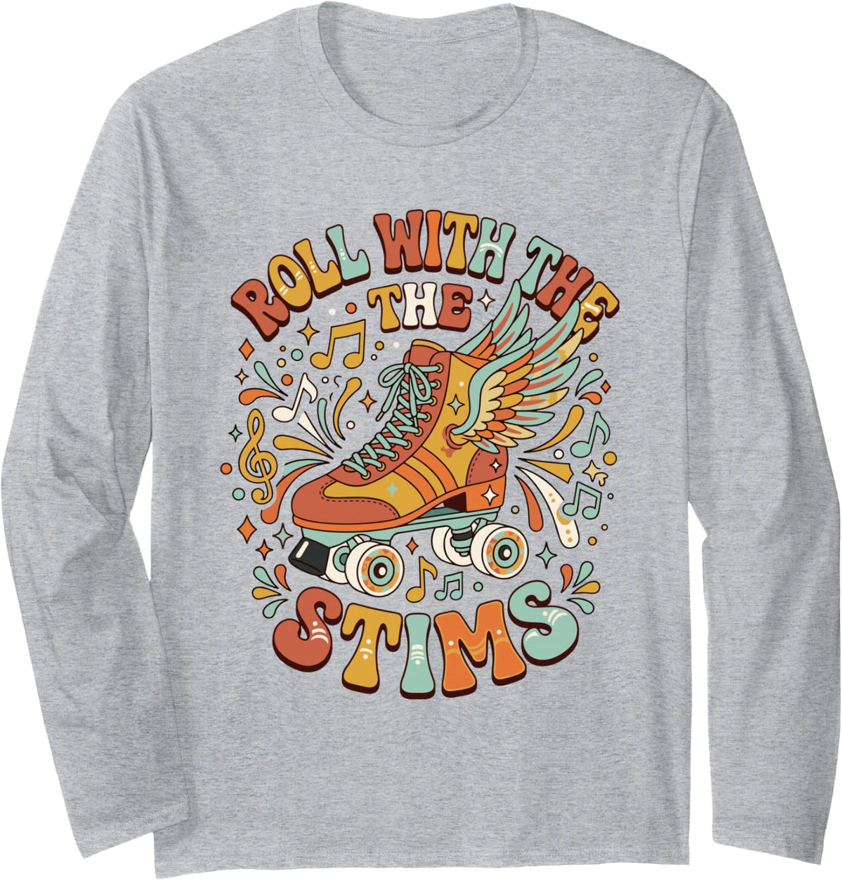 Roll with The Stims Funny Retro Neurodivergent Roller Skate Long Sleeve T-Shirt - Adult Unisex Heather Grey