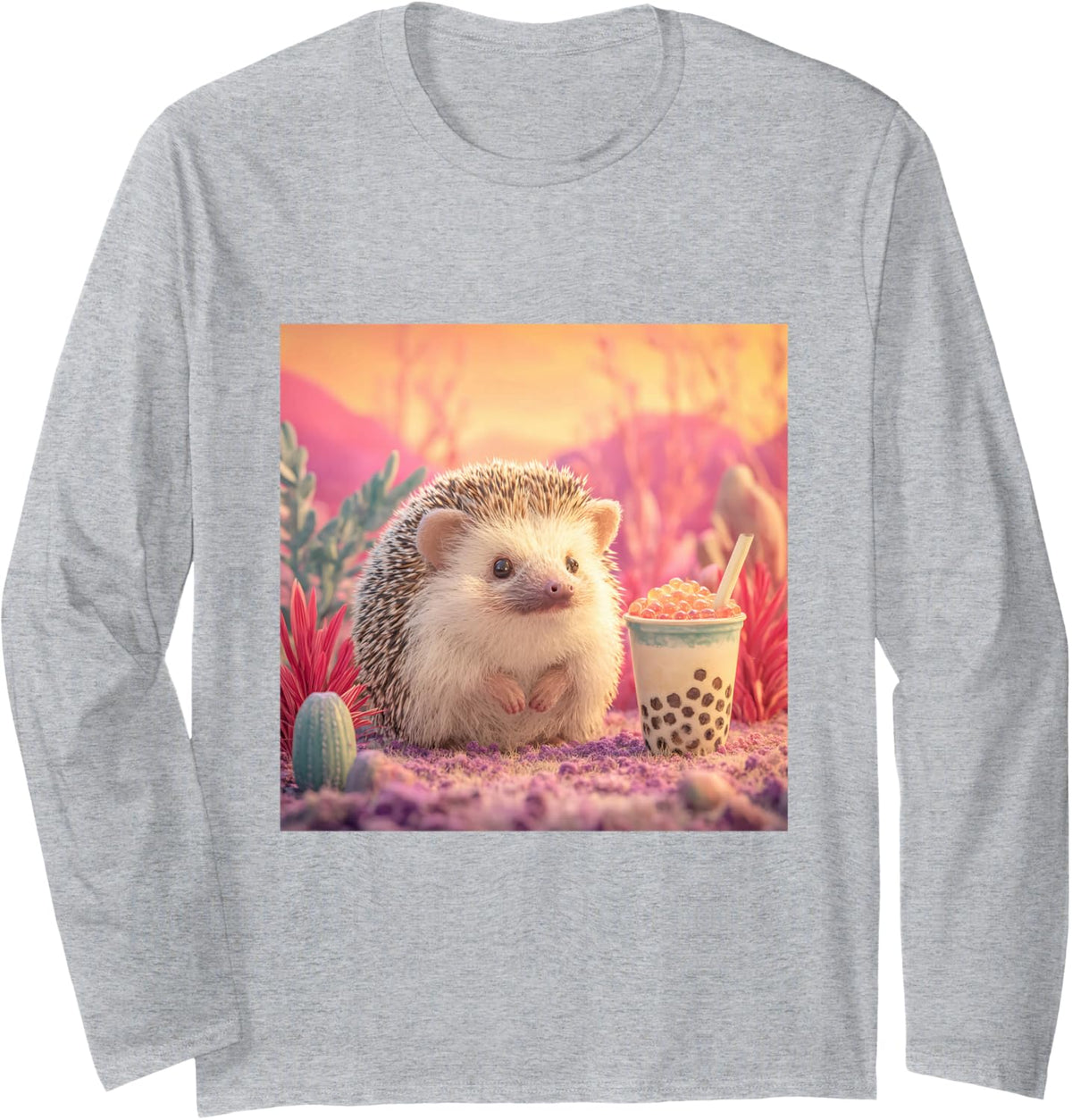 Hedgehog Bubble Tea Boba Cup Pink Sunset Long Sleeve T-Shirt - Adult Unisex Heather Grey