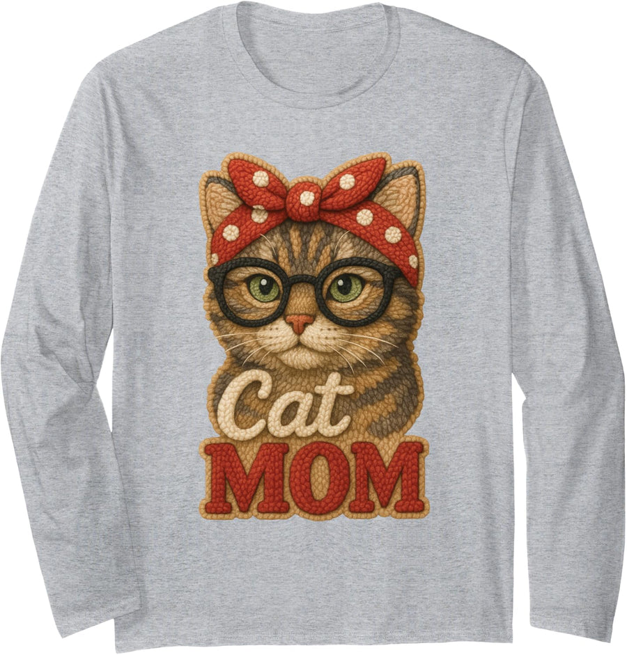 Cute Cat Mom Retro Glasses Bow Cats Lover Long Sleeve T-Shirt - Adult Unisex Heather Grey