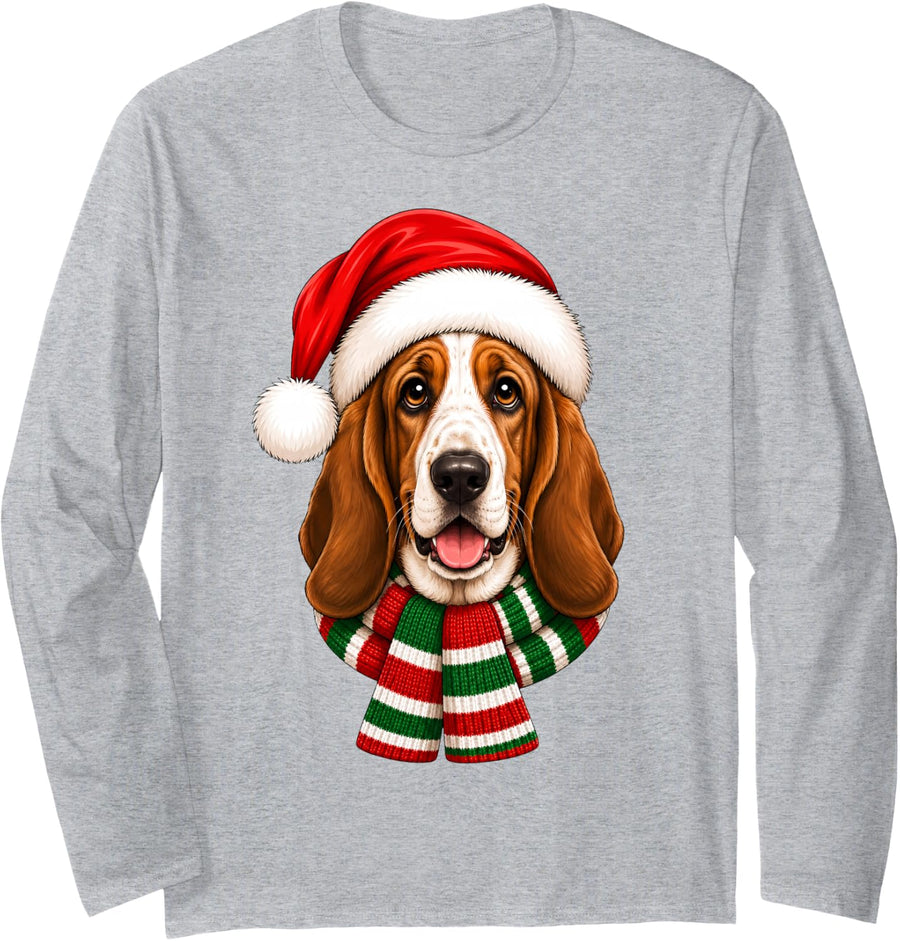Basset Hound Dog Christmas Santa Hat Scarf Festive Xmas Long Sleeve T-Shirt - Adult Unisex Heather Grey