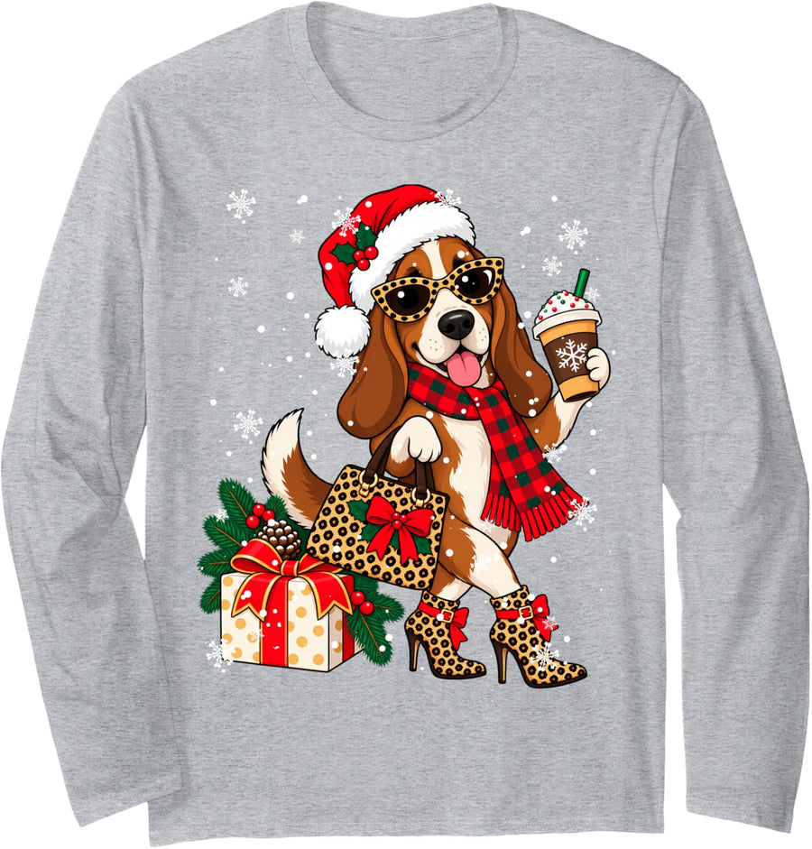 Leopard Basset Hound Dog Drinking Coffee Christmas Xmas Long Sleeve T-Shirt - Adult Unisex Heather Grey