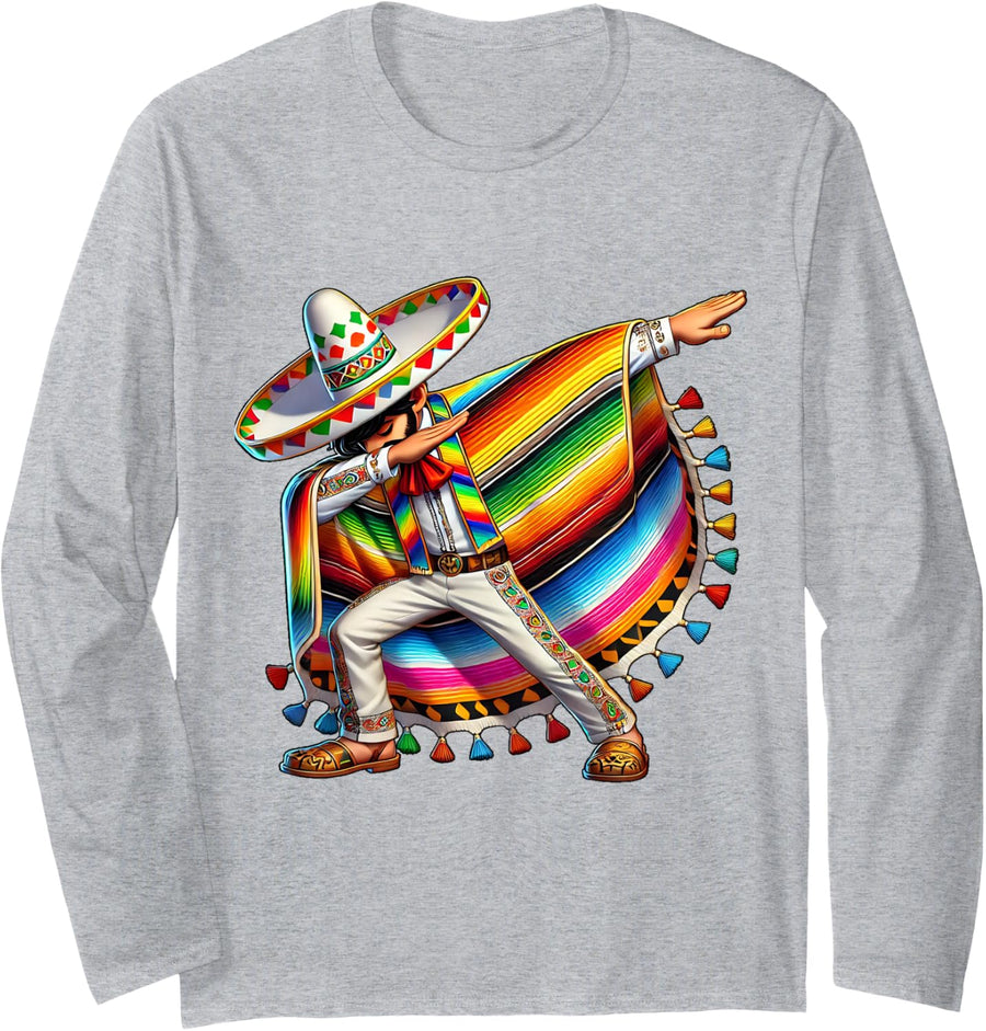 Mexican Dabbing Poncho Cinco de Mayo Dab Fiesta Boys Men Long Sleeve T-Shirt - Adult Unisex Heather Grey