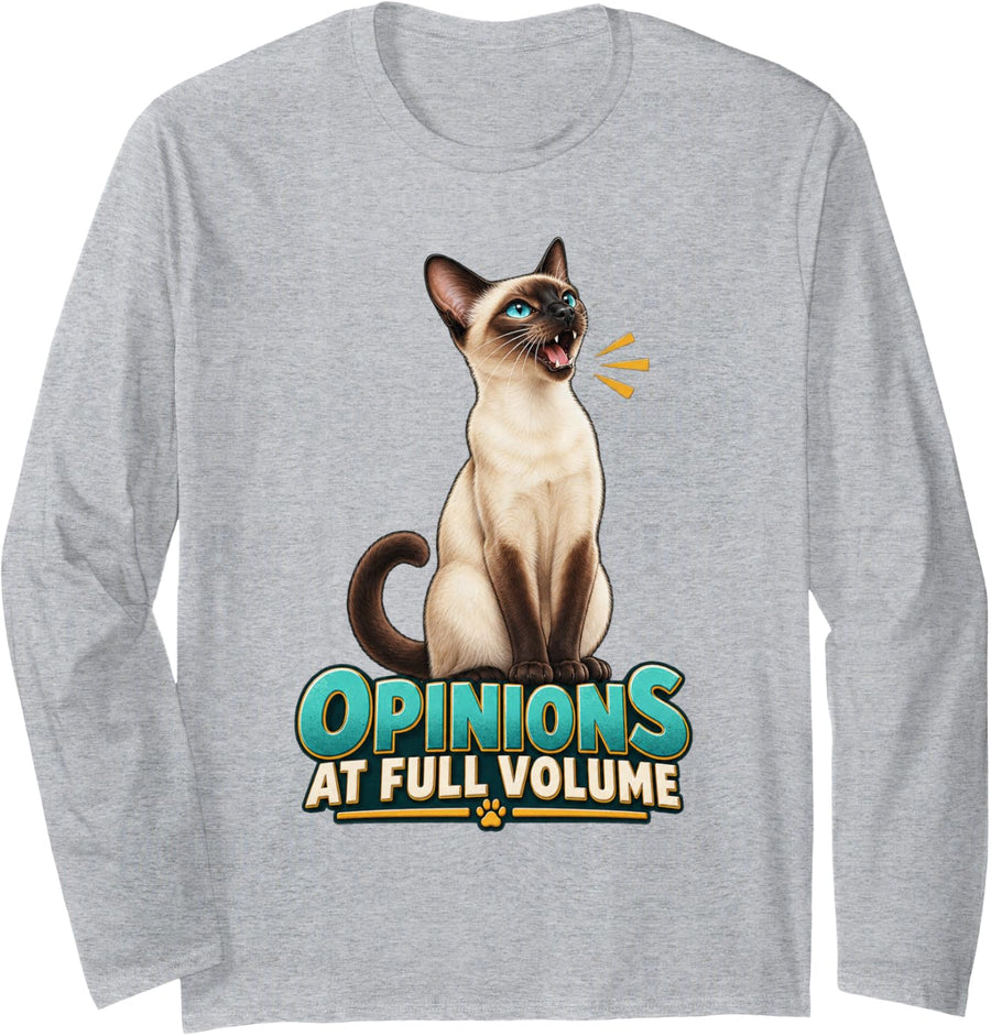 Opinions At Full Volume Cat Lover Graphic Siamese Long Sleeve T-Shirt - Adult Unisex Heather Grey