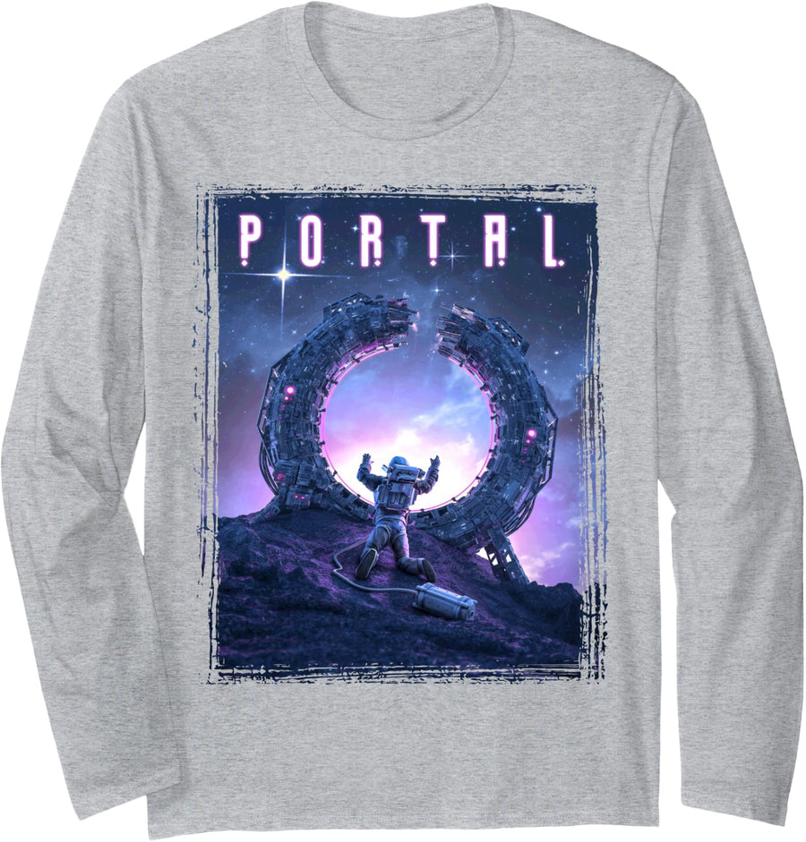 Portal Astronaut Cyberpunk Science Fiction Sci-fi Gamer Long Sleeve T-Shirt - Adult Unisex Heather Grey