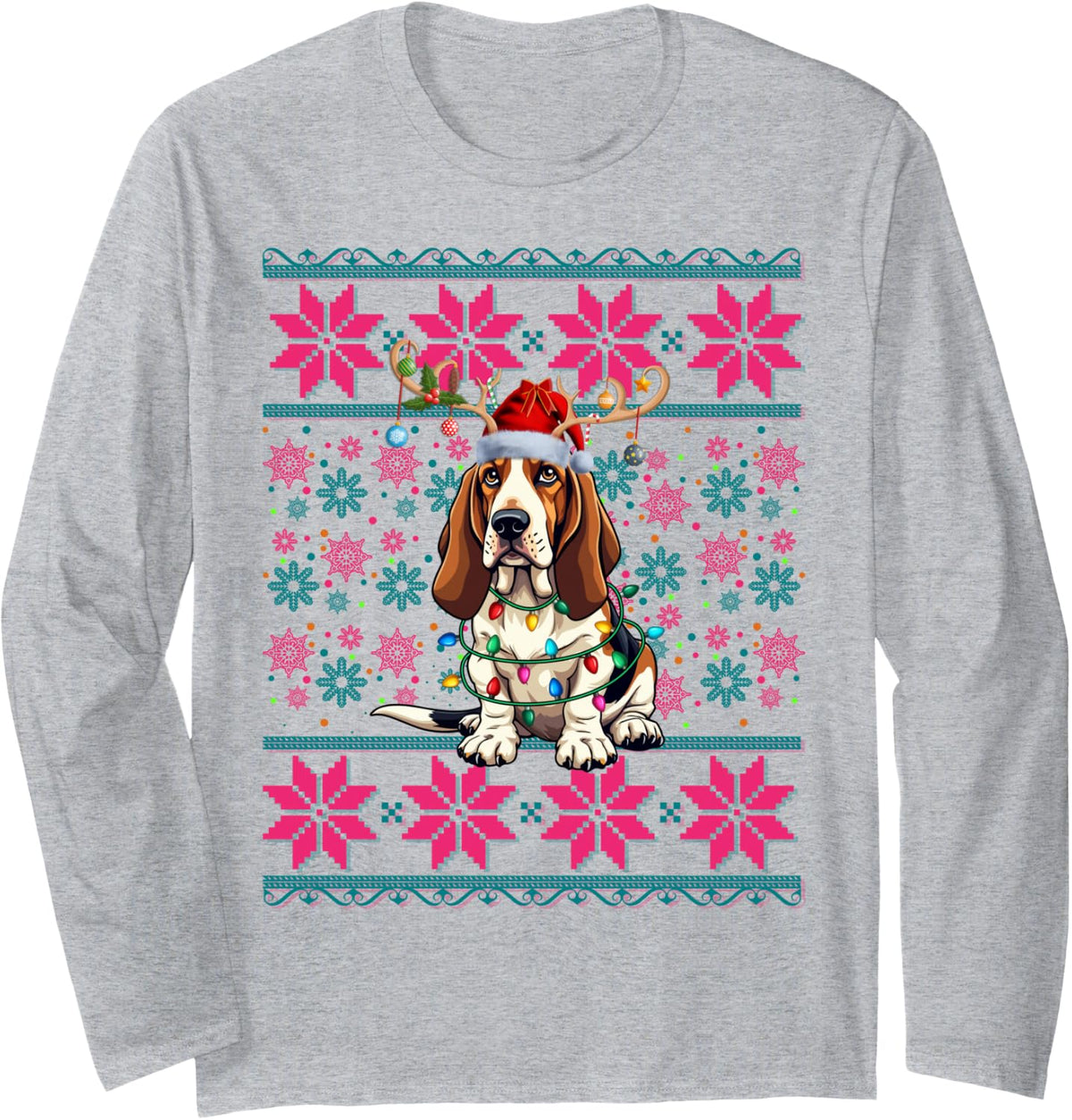 Reindeer Santa Ugly Christmas Lights Basset Hound Dog Xmas Long Sleeve T-Shirt - Adult Unisex Heather Grey
