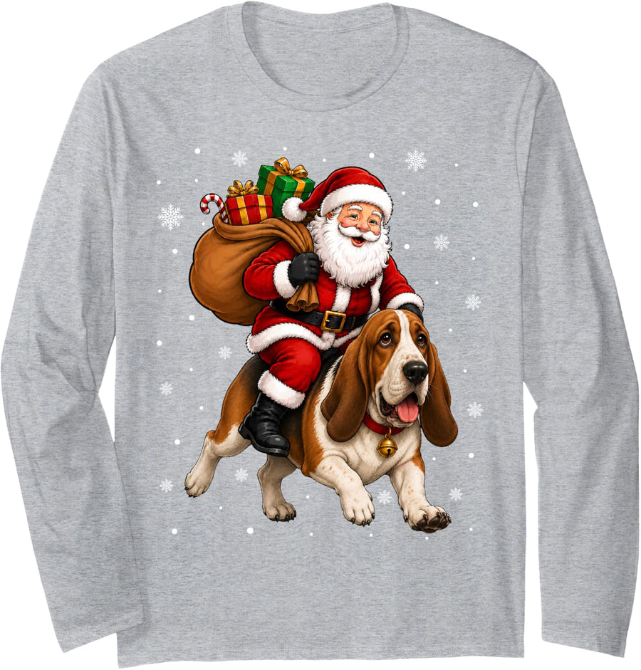 Festive Holiday Fun Santa Riding Basset Hound Dog Christmas Long Sleeve T-Shirt - Adult Unisex Heather Grey