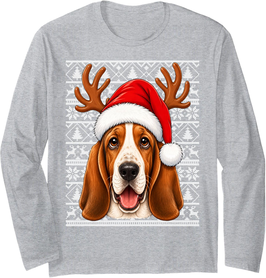 Basset Hound Dog Christmas Santa Hat Ugly Sweater Xmas Long Sleeve T-Shirt - Adult Unisex Heather Grey