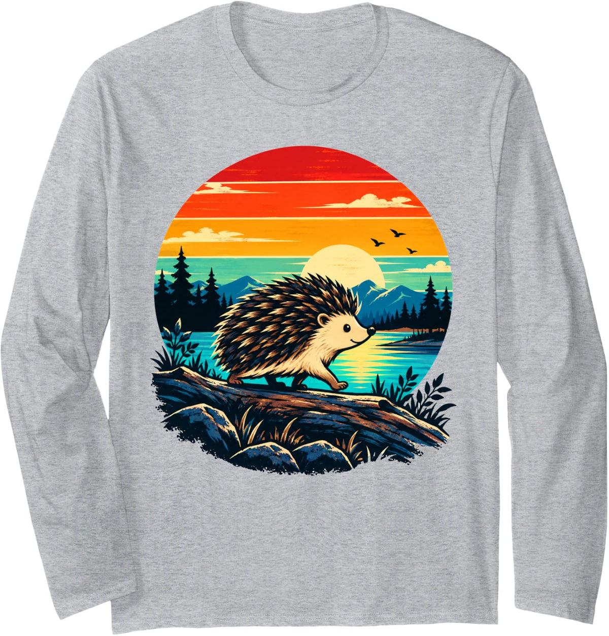 Hedgehog 70's Style Retro Vintage Sunset Hedgie Long Sleeve T-Shirt - Adult Unisex Heather Grey