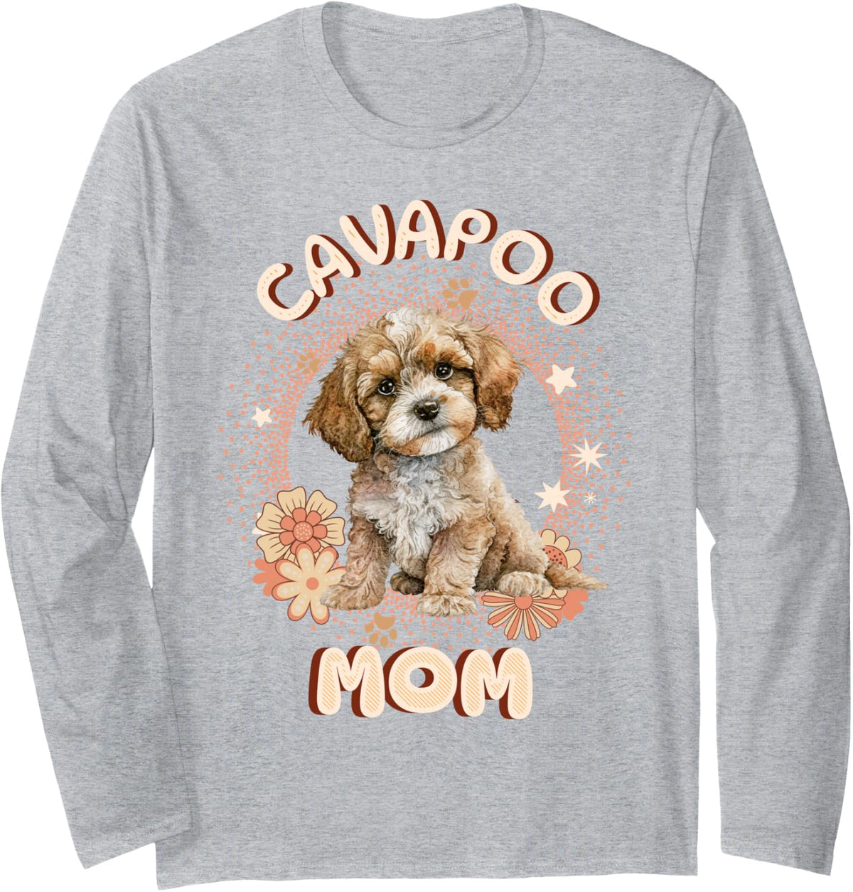 Cavapoo Mom Retro Flowers Cute Puppy Dog Floral Long Sleeve T-Shirt - Adult Unisex Heather Grey