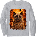 Creepy Siamese Cat Halloween Night Long Sleeve T-Shirt - Adult Unisex Heather Grey