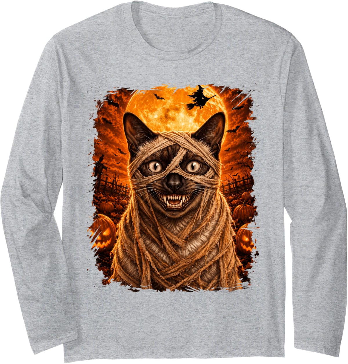 Creepy Siamese Cat Halloween Night Long Sleeve T-Shirt - Adult Unisex Heather Grey
