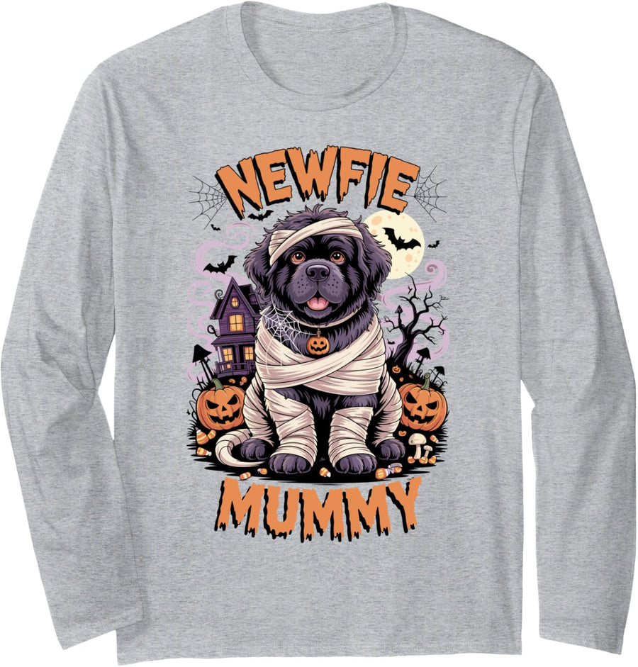 Newfoundland Funny Halloween Costume Dog Owner Newfie Mummy Long Sleeve T-Shirt - Adult Unisex Heather Grey
