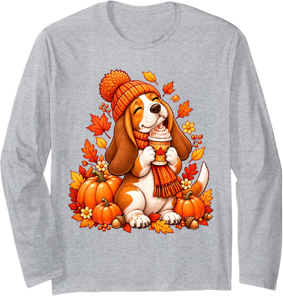 Cozy Pumpkin Basset Hound Fall Coffee Puppy Gifts Long Sleeve T-Shirt - Adult Unisex Heather Grey