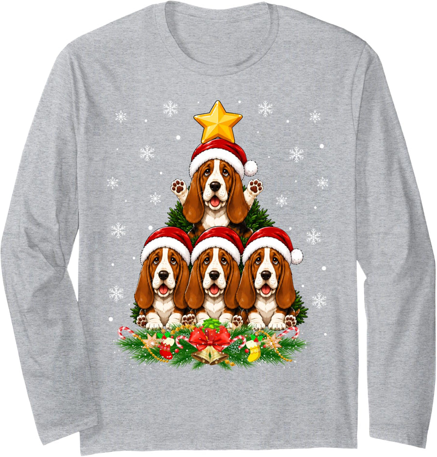 Basset Hound Dog Christmas Tree Cute Pet Festive Xmas Long Sleeve T-Shirt - Adult Unisex Heather Grey