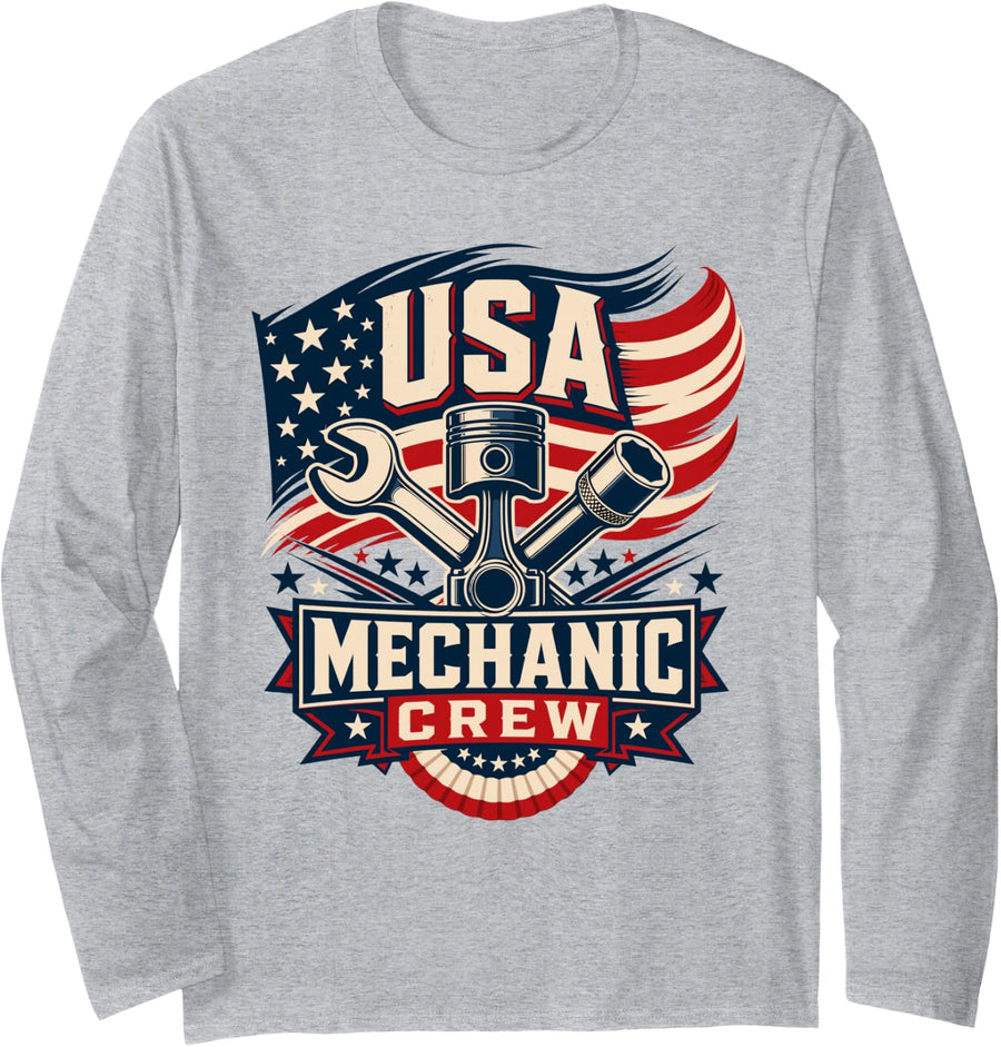 USA Auto Mechanic Crew Retro Long Sleeve T-Shirt - Adult Unisex Heather Grey