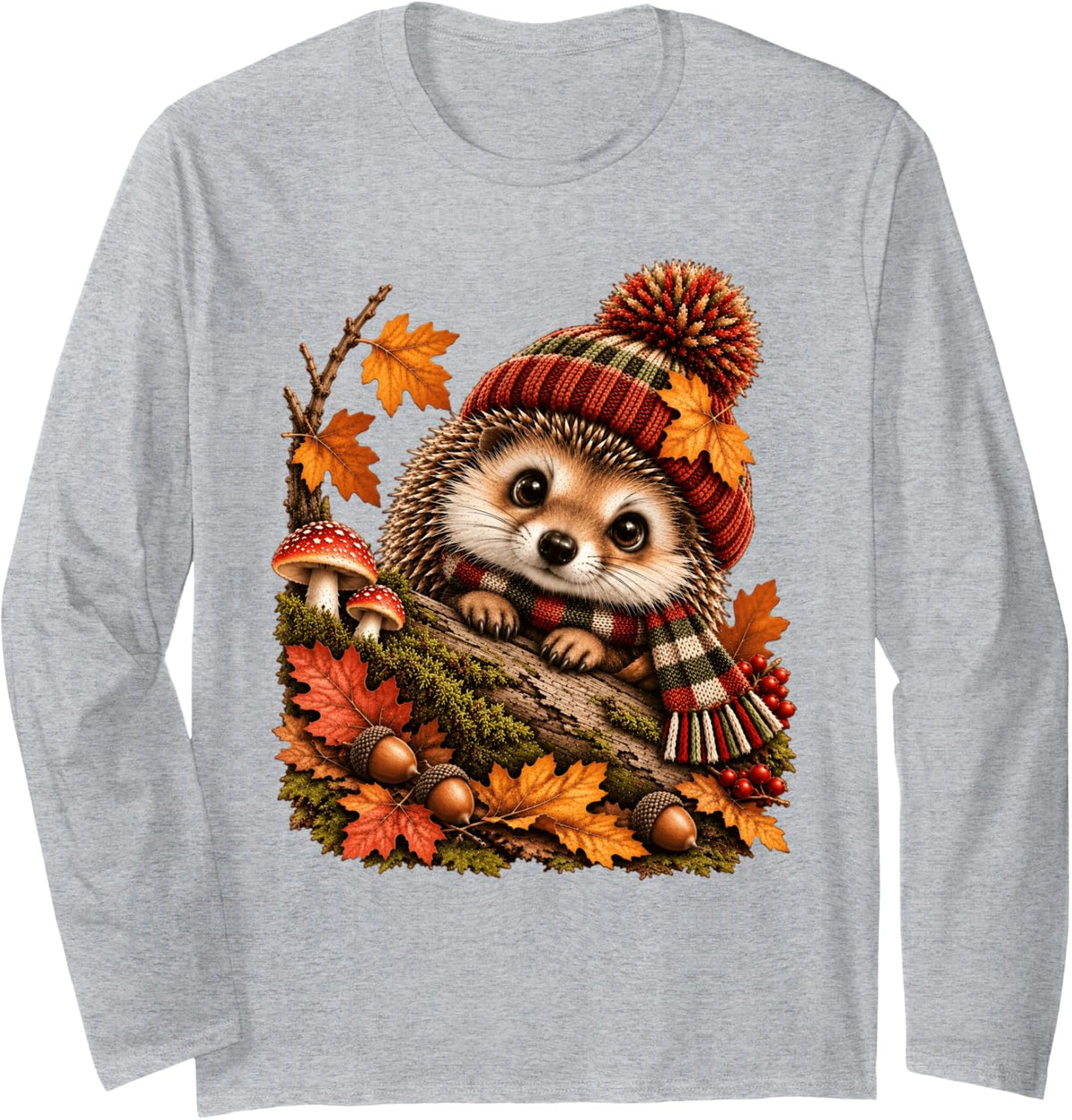 Cute Hedgehog Autumn Fall Outfit Funny Forest Animals Long Sleeve T-Shirt - Adult Unisex Heather Grey