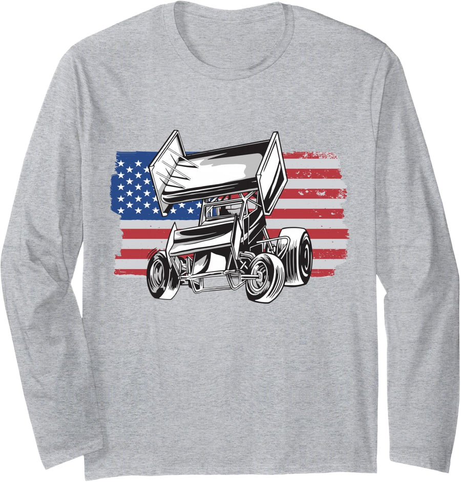 Sprint Car Racing USA Flag Long Sleeve T-Shirt - Adult Unisex Heather Grey