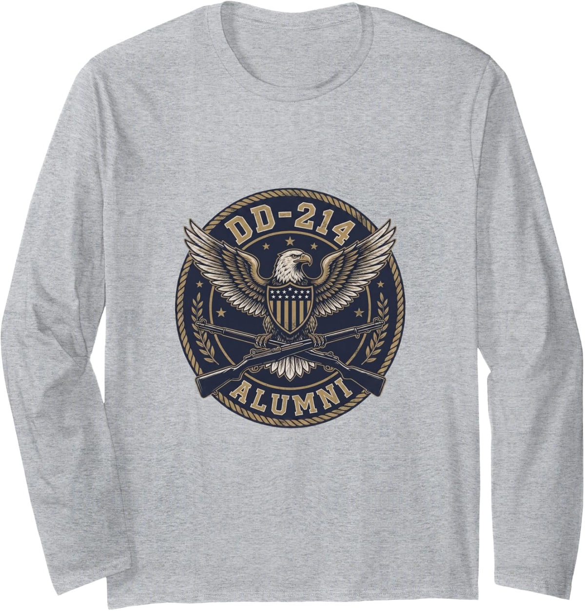 DD-214 Alumni in Black US Military Veteran Retired DD-214 Long Sleeve T-Shirt - Adult Unisex Heather Grey