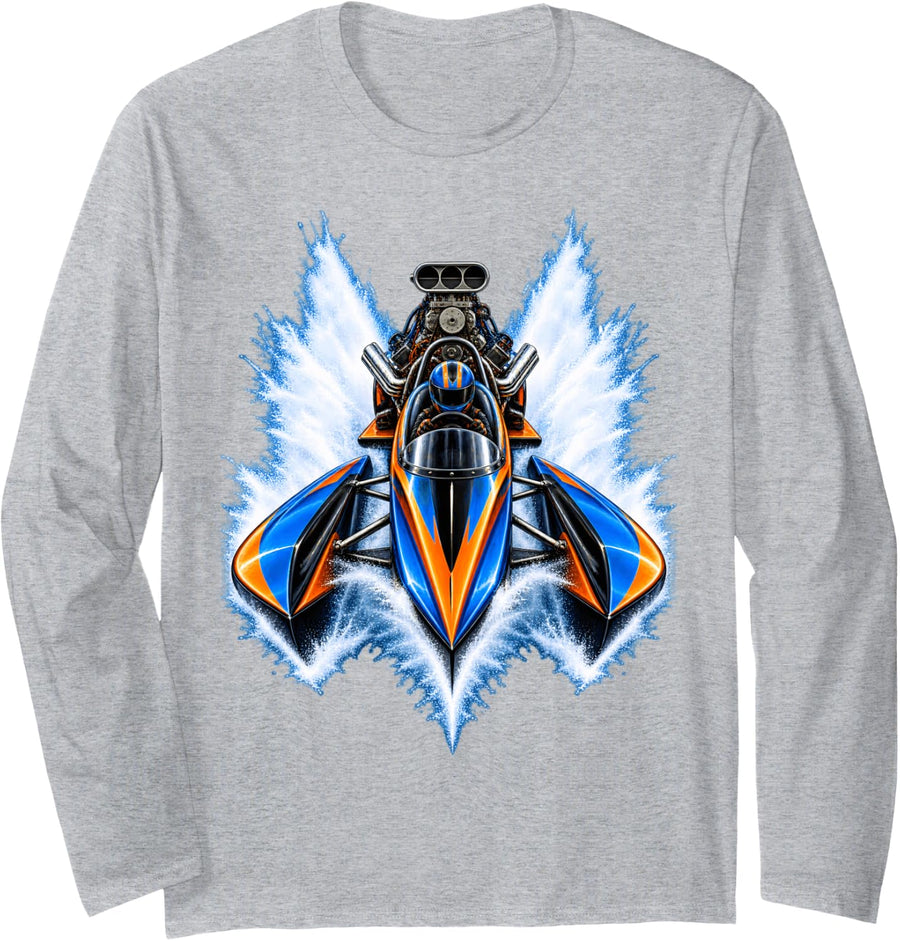 Speedboat Dragster Motor Drag Boat Racing Fuel Fire Racer Long Sleeve T-Shirt - Adult Unisex Heather Grey