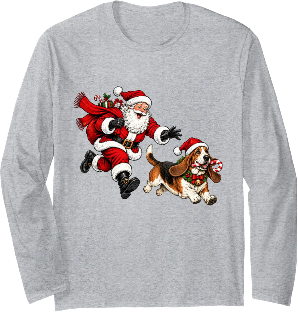 Funny Santa Chasing Basset Hound Christmas Dog Mom Pet Long Sleeve T-Shirt - Adult Unisex Heather Grey