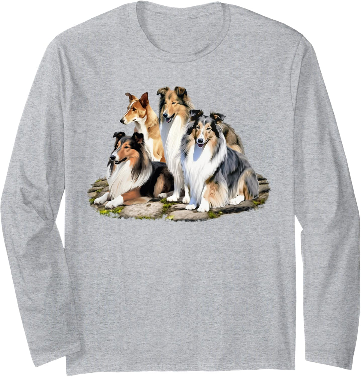 Scottish Collie Herding Dogs: Rough Smooth: Merle Sable Tri Long Sleeve T-Shirt - Adult Unisex Heather Grey