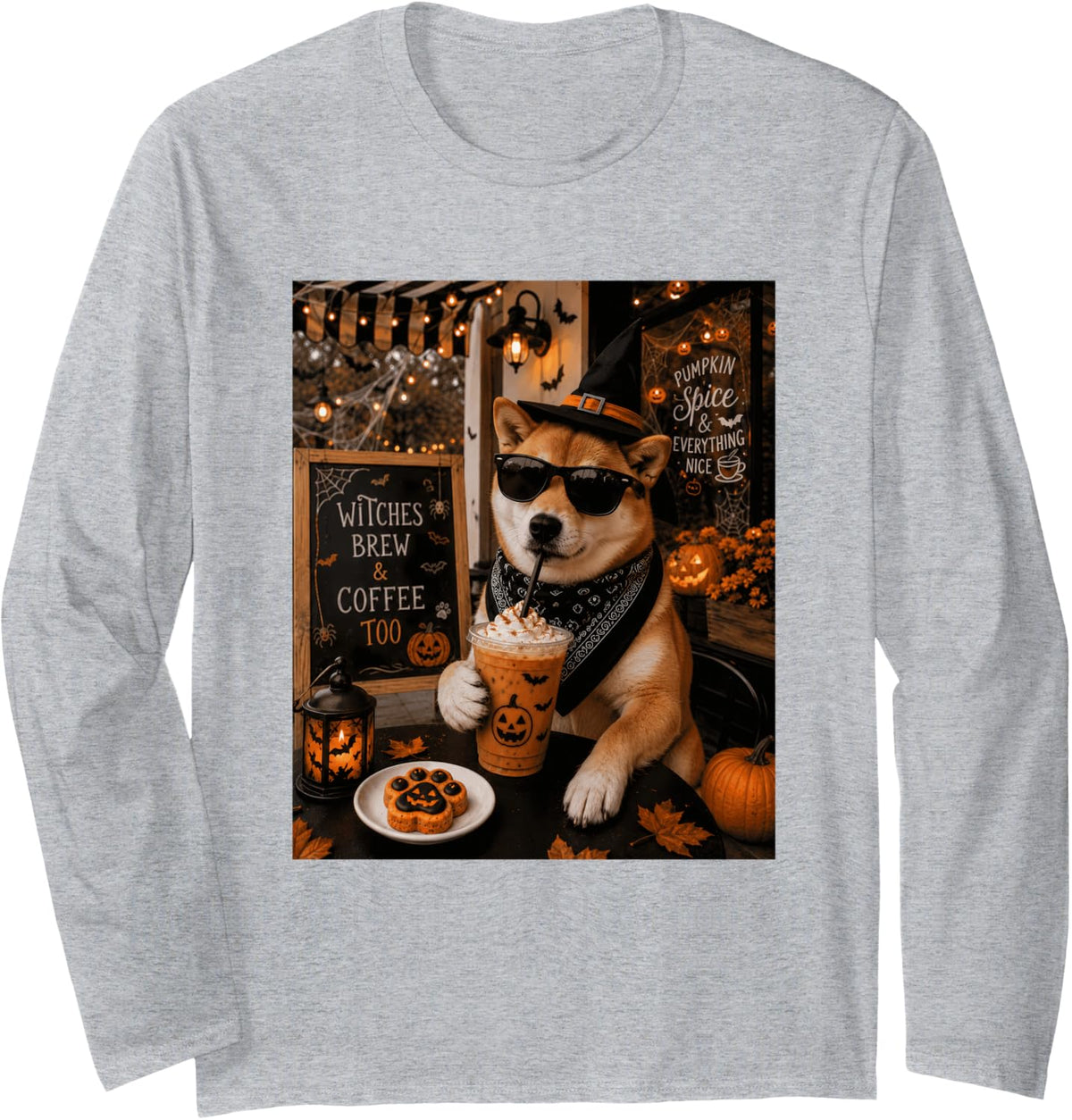 Witches Brew Coffee Too Pumpkin Spice Shiba Inu Funny Long Sleeve T-Shirt - Adult Unisex Heather Grey