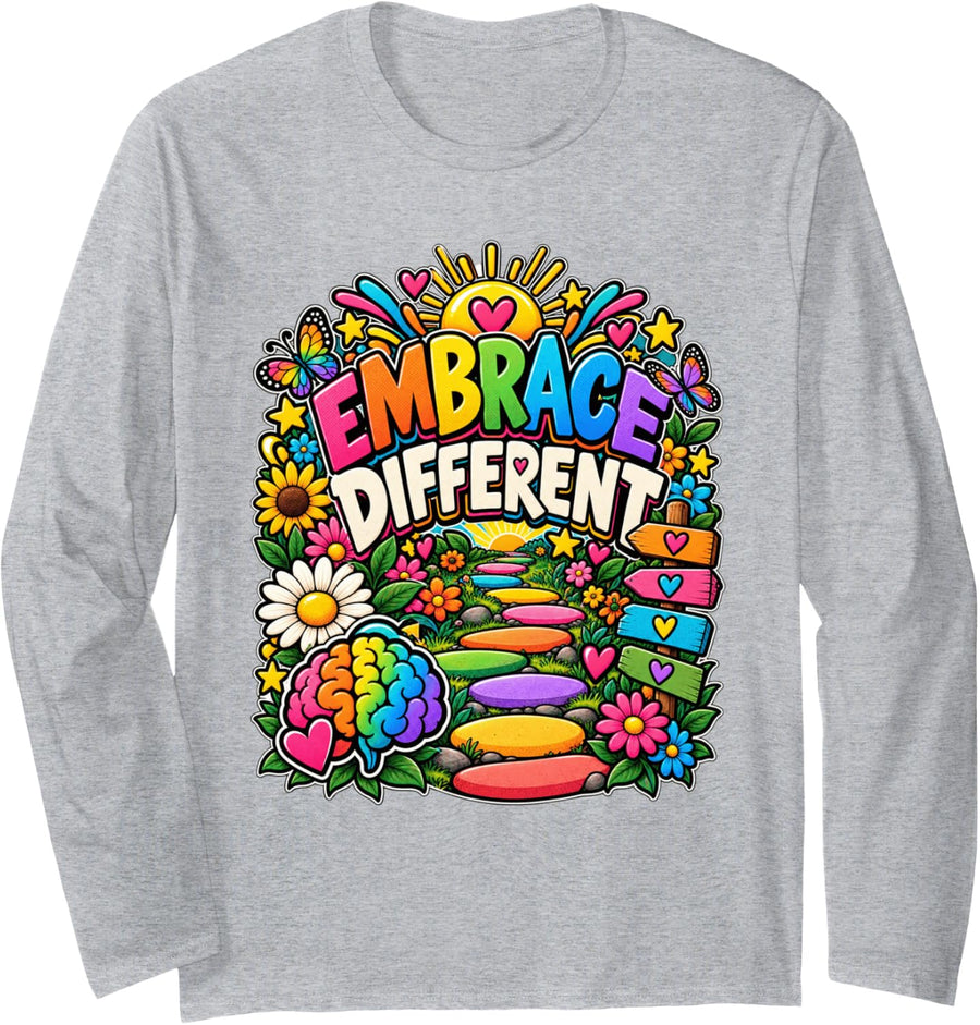 Embrace Different Neurodiversity Mental Health Support Long Sleeve T-Shirt - Adult Unisex Heather Grey