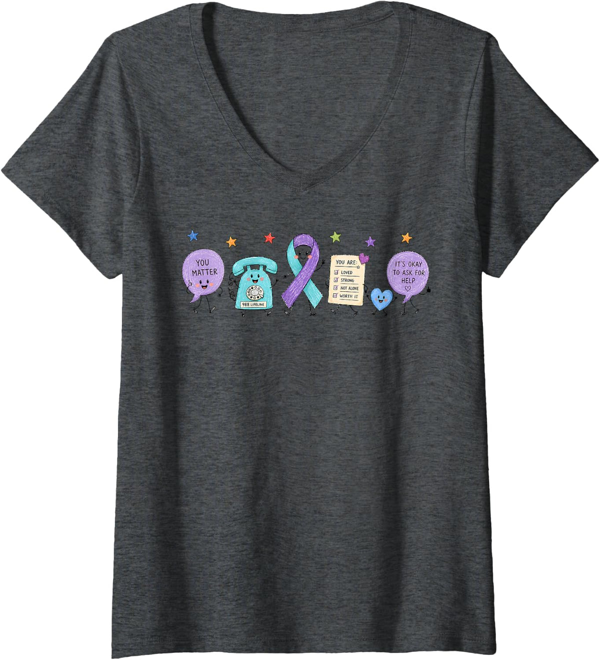 Women's Mental Health Doodle You Matter Support Squad Teal & Purple V-Neck T-Shirt - Dark Heather Grey